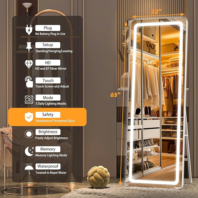 Hasipu Full Length Mirror with Lights, 65" x 22" LED Floor Mirror, Full Body Dressing Standing, Hanging Mounted Mirror for Living Room Bedroom Cloakroom, Round White-DeskLoop Office