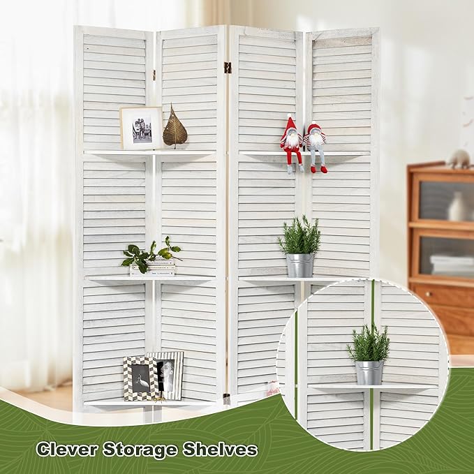 NicBex 4 Panel Room Divider,5.6FT Wood Carved Room Dividers with Display Shelves Folding Privacy Screens Portable Freestanding Partition Wall Dividers for Room Separation,Home Bedroom Office,White-DeskLoop Office