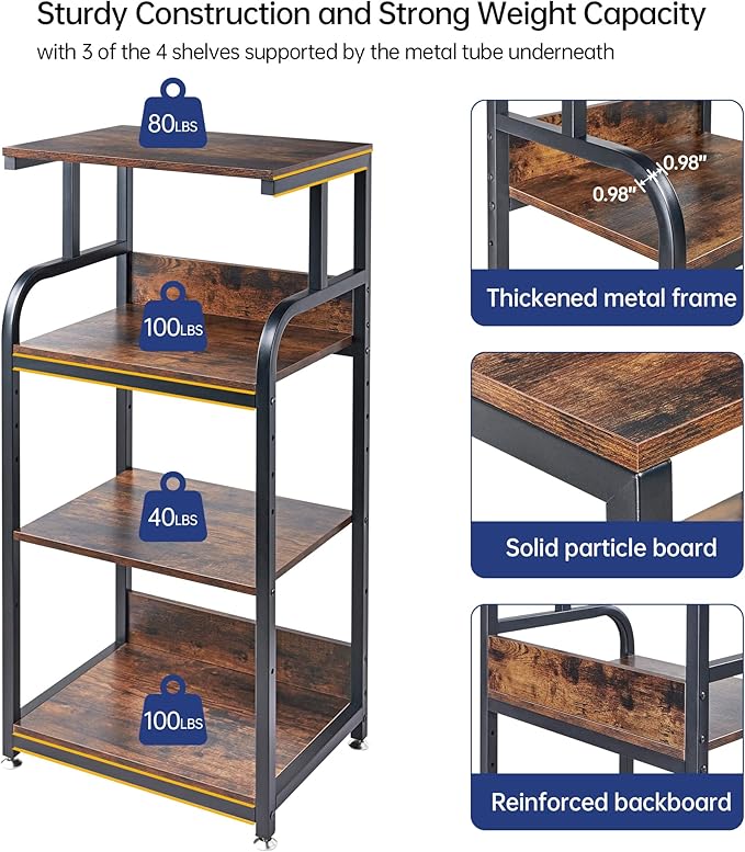 4-Tier Printer Stand with Adjustable Storage Shelf, Large Tall Printer Table with Wheels for Home Office Small Spaces Organization, Rustic Brown-DeskLoop Office