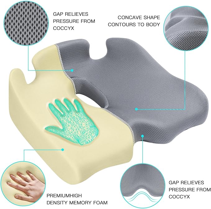 Benazcap Memory Seat Cushion for Office Chair Sciatica & Back Pain Relief Memory Foam Firm Coccyx Pad for Car, Wheelchair, Gaming Chair and Desk Chair, Gray-DeskLoop Office