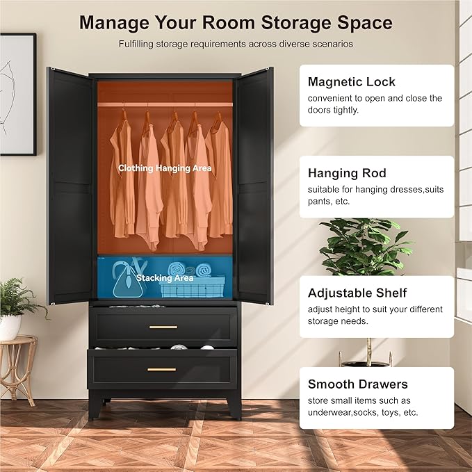 Farmhouse Wardrobe Cabinet with 2 Drawers,Metal Wardrobe Closet with Hanging Rod,Metal Armoire with Adjustable Shelves for Bedroom,Living Room, Cloak Room,Office (Blakc)-DeskLoop Office