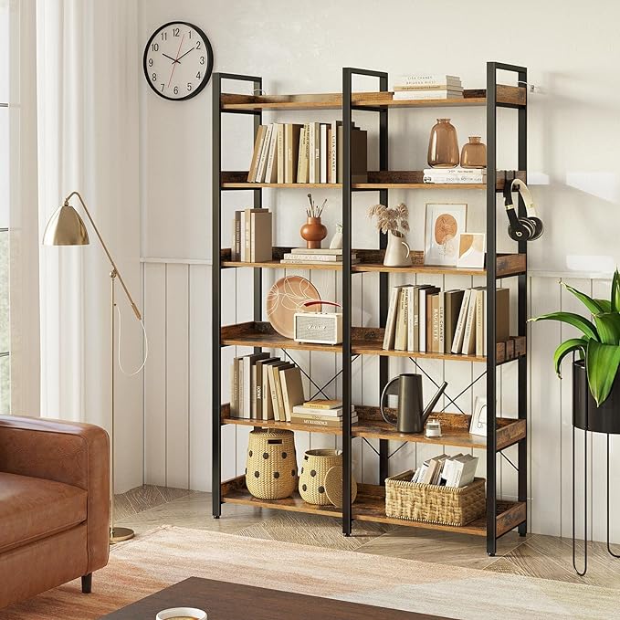 Seventable Bookshelf 6 Tier with 4 Hooks, 67” Industrial Wooden Bookcase, Vintage Storage Rack with Open Shelves, Rustic Standing Bookshelves Metal Frame 43.3” Wide Display Rack, Rustic Brown-DeskLoop Office