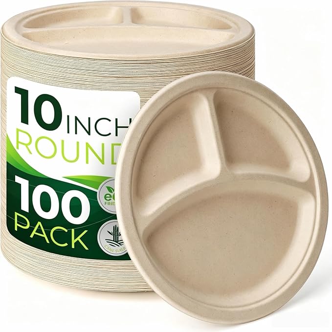 100PCS 100% Compostable 10in Brown Paper Plate, 3-Compartment Heavy Duty by Birchio