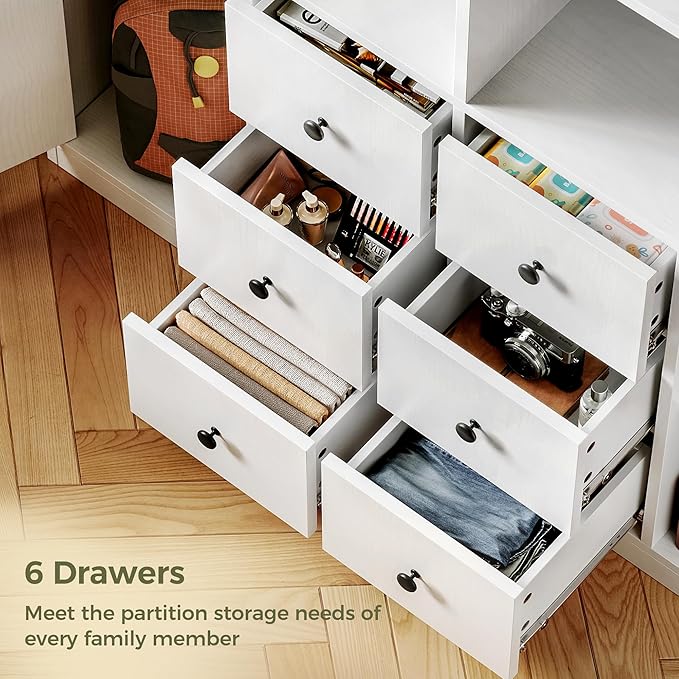 IRONCK 78.7" Bookcase with 6 Drawers, 6 Tier Large Bookshelf with 2 Doors, Large Bookcase with Adjustable Shelves, Tall Storage Cabinet for Home Office, Living Room, White-DeskLoop Office