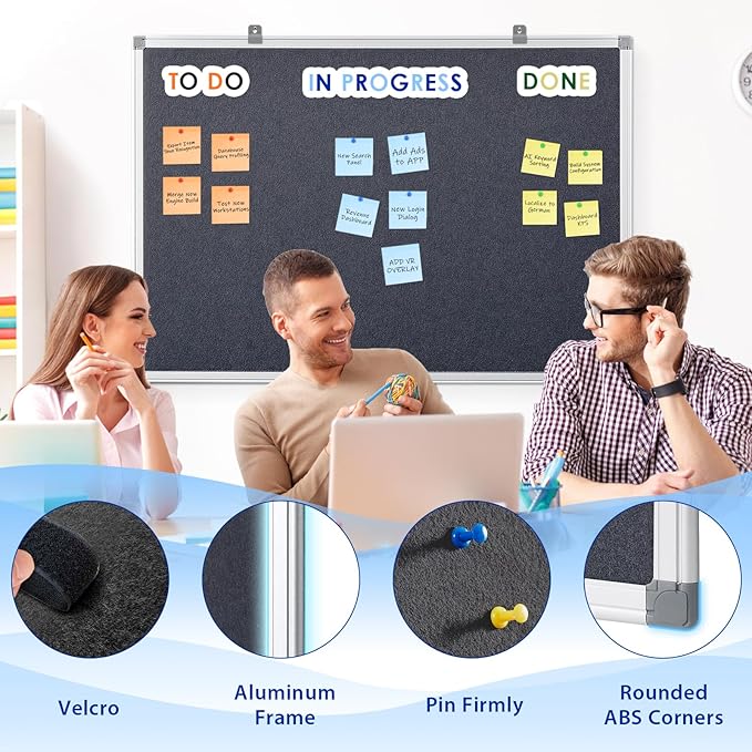 Fabric Notice Pin Board Bulletin Board for Home Office Classroom,Wall-Mount,Black Felt,36x24inches-DeskLoop Office