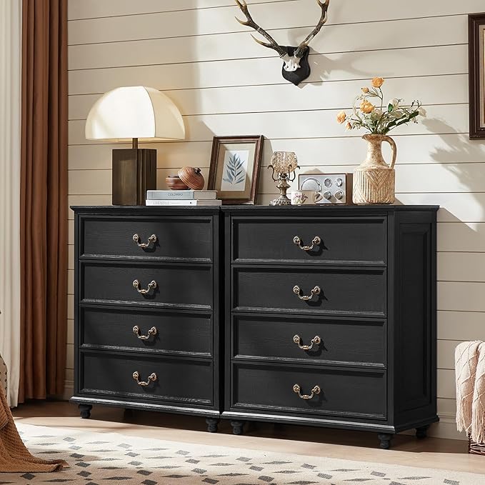 Farmhouse 4 Drawer Dresser for Bedroom, 37" Tall Rustic Chests of Drawers w/ 4 Solid Wood Feet, Mid Century Modern Wooden Closet Storage Dressers Organizer for Living Room, Hallway, Black-DeskLoop Office