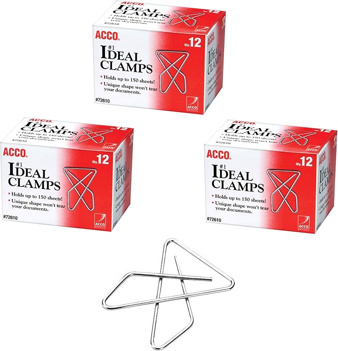 ACCO Ideal Paper Clamp, Smooth Finish, No.1 Size, 12/Box Pack of 3 by ACCO+Brands