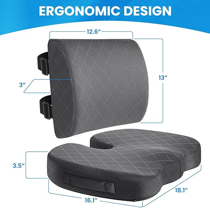 TushGuard Office Chair Cushions with Handles, Back&Seat Cushion, Sciatica & Back Coccyx Tailbone Discomfort Easing Chair Pad, Memory Foam Lumbar Support Pillow for Gaming, Desk, Car (Grey, X-Large)-DeskLoop Office