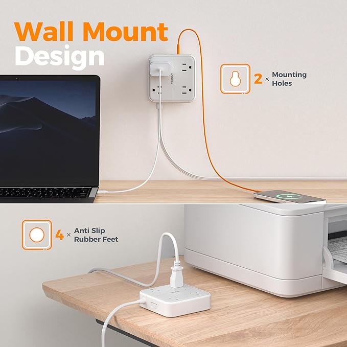 Flat Plug Extension Cord 5 Ft, TESSAN Surge Protector Power Strip Ring Pull with 3 USB (1 USB C) 4 Outlets, 900 Joules Protection, Desktop Charging Station for Home, Office, College, Dorm Room, Gray-DeskLoop Office
