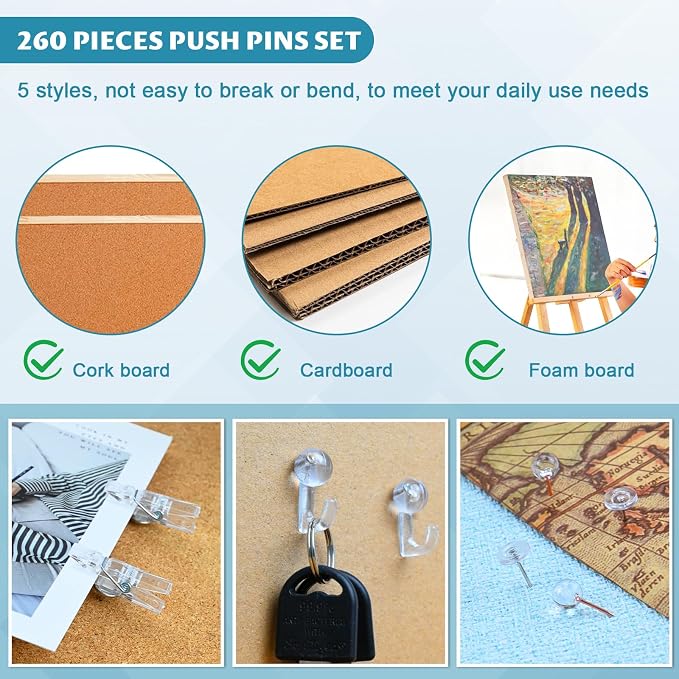 260 Pcs Push Pins Set 5 Styles Clear Thumb Tacks Map Pins Assorted Push Pins - Image 4