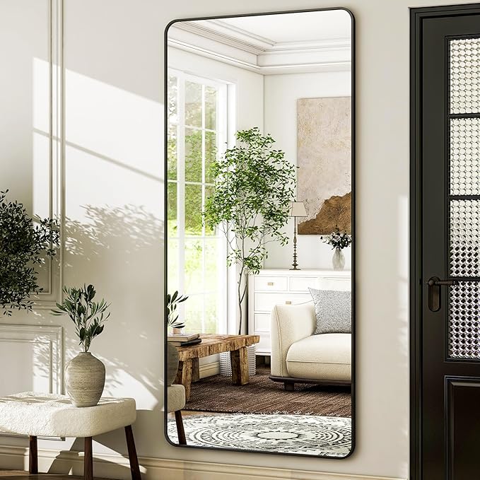 HARRITPURE 71x32 inch Rounded Full Length Mirror Aluminum Frame Black Mirror Full Length Floor Mirror with Stand for Living Room Bedroom Cloakroom-DeskLoop Office