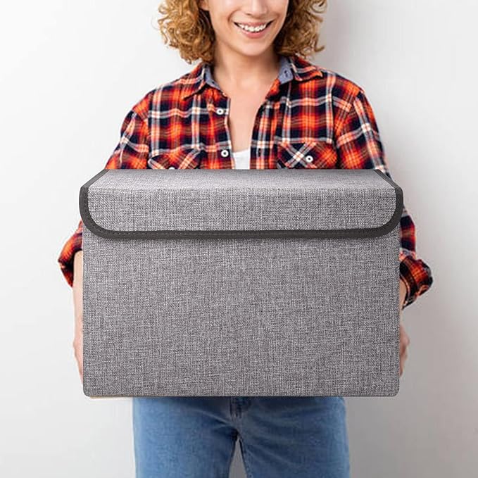Large 42 Quarts Fabric Storage Bins with Lids [2-Pack] Linen Collapsible Foldable Storage Cubes, Closet Organizer Containers boxes with Handles for Home Office (16.7 x 12 x 12, Gray)-DeskLoop Office