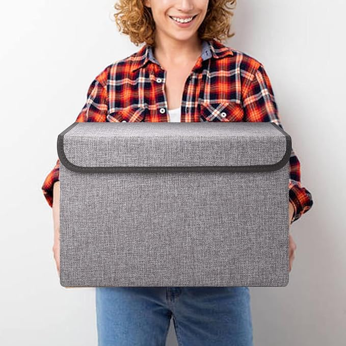 Large 17" 42 Quarts Collapsible Stackable Storage Bins with Lids [3-Pack] Foldable Fabric Linen Storage Boxes Cube, Closet Organizer Baskets with Label for Home (16.7 x 12 x 12, Gray)-DeskLoop Office