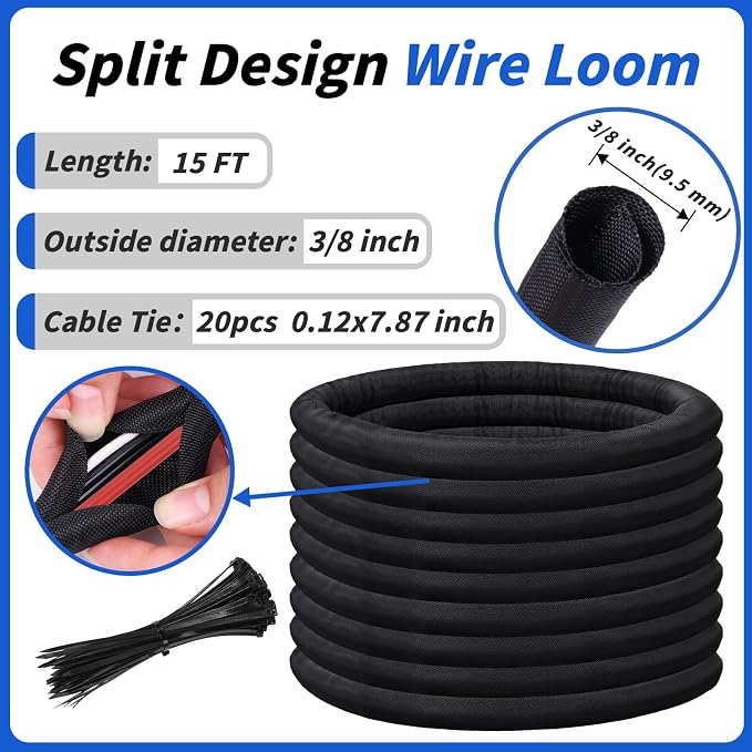 15FT Split Braided Sleeve Cable Management, 3/8 Inch Wire Loom Tubing Cord - Image 2