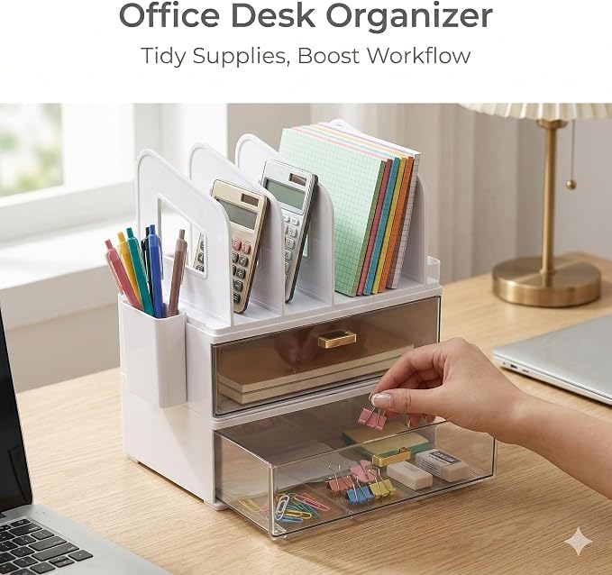 CiWiVOKi Desk Organizer with 4 File Slots and 2 Drawers, notebooks and office - Image 4