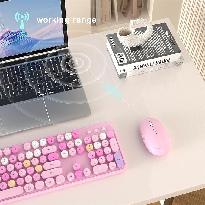 Colorful Wireless Computer Keyboard and Mouse Combo with Round Typewriter Keycaps, Retro Design, Power Switch, Ergonomic Design, 2.4GHz Wireless for Windows, Mac, PC(Pink-Colorful)-DeskLoop Office
