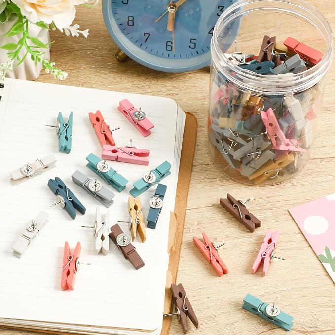 SANNIX 100Pcs Wooden Push Pin Clips, Morandi Wooden Clips - Image 3