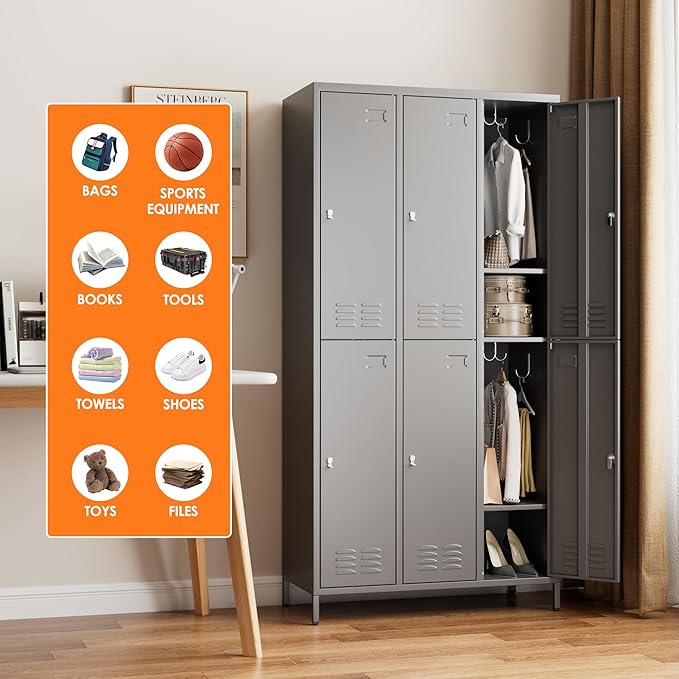6 Doors Metal Lockers for Employees with 18 Hooks and Business Card Holder, Metal Locker with Ventilation Holes for School Garage Office Gym Home,Assembly Required,Dark Grey-DeskLoop Office