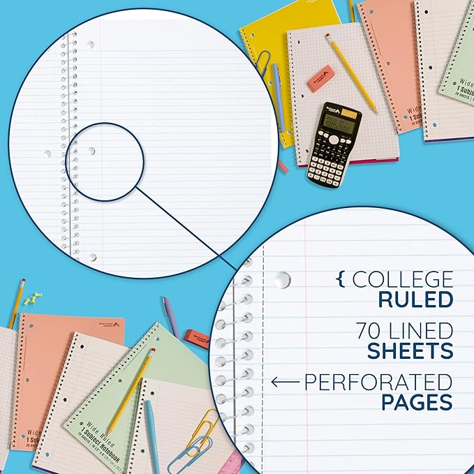 Blue Summit Pastel Spiral Notebook College Ruled, One Subject School Notebooks Spiral, Perforated Notebooks Bulk, 8 x 10.5 School Book, Paper, College Ruled, 6 Pack-DeskLoop Office