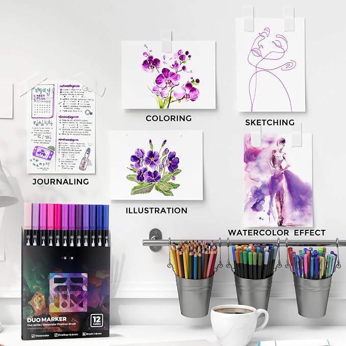 Purple Duo Tip Marker Pens, 12 Pack Fine & Brush Markers - Image 6