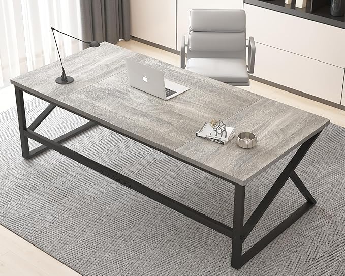 HSH 70 Inch Long Grey Desk, Large Home Office Computer Desk for 2 People, Industrial Wood and Metal Executive Work Writing Study Gaming Desk Table, Modern Bedroom Simple PC Laptop Desk Double Desk-DeskLoop Office