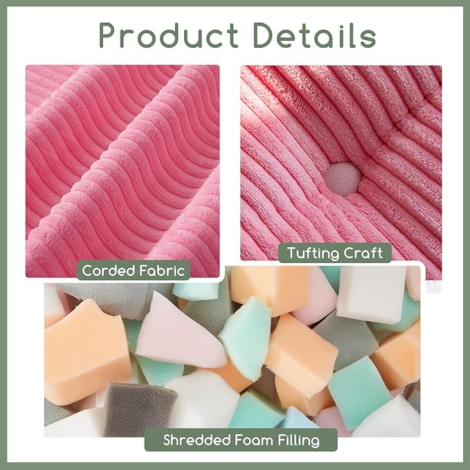 HIGOGOGO Square Stuffed Pouf Ottoman, Corduroy Poufs with Foam Chunk Filling, Furry and Fluffy Pouf Foot Stool Storage Ottoman, 25.6 X 25.6 Floor Poufs Foot Rest for Living Room, Pink-DeskLoop Office