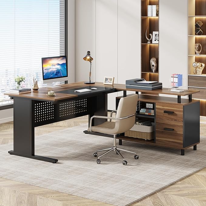 Tribesigns 63 Inch Executive Desk with File Cabinet, Large Office Desk L Shaped Computer Desk with Drawers and Storage Shelves, Business Furniture Desk Workstation for Home Office, Brown and Black-DeskLoop Office