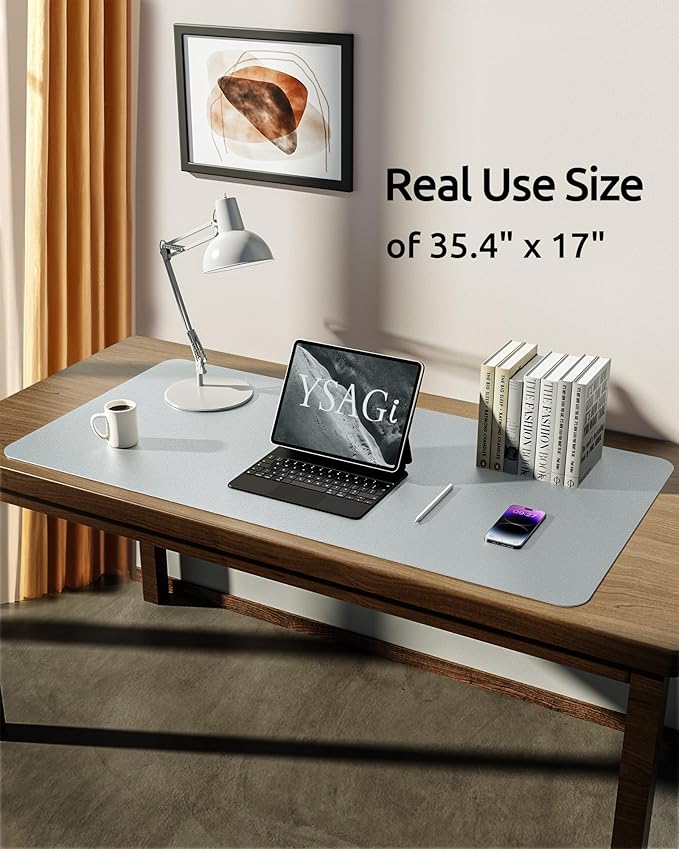 YSAGi Leather Desk Pad Protector, Office Desk Mat, Large Mouse Pad, Non-Slip PU Leather Desk Blotter, Laptop Desk Pad, Waterproof Desk Writing Pad for Office and Home (Silver, 35.4" x 17")-DeskLoop Office