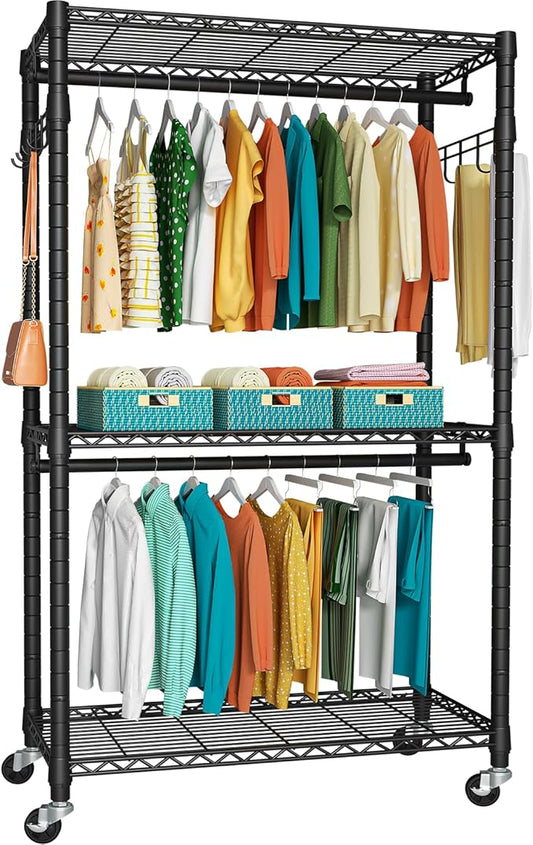 P1 Heavy Duty Garment Rack, 3 Tiers Adjustable Rolling Metal Closet Organizer with Lockable Wheels, FreeStanding Wardrobe with Double Hanger Rods & 1 Pair Hooks, Max Load 450 LBS, Black-DeskLoop Office