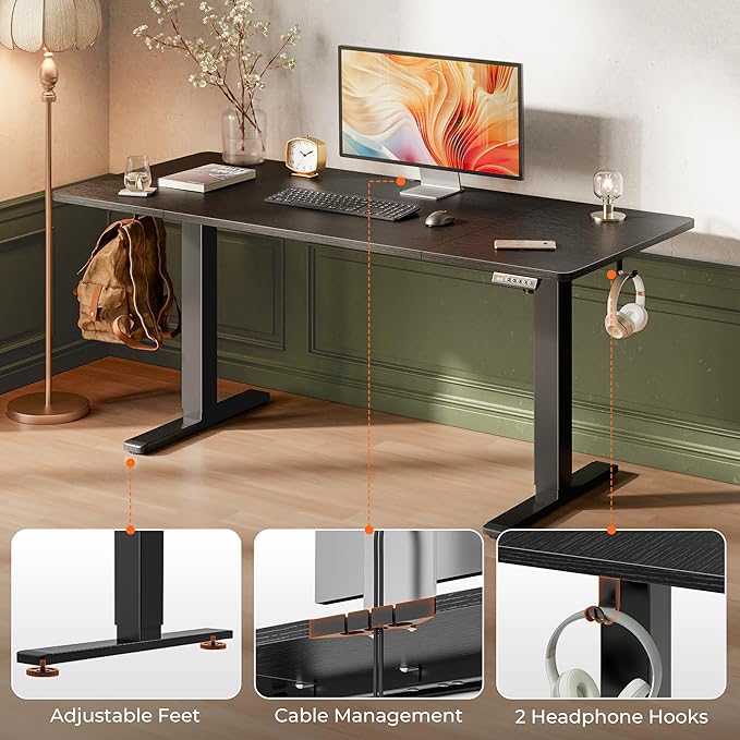 Huuger 63 x 28 Large Electric Standing Desk, Height Adjustable Computer Desk, 27.6" Deep Desktop, Stand up Gaming Office Table with 2 Hooks, 3 Preset Heights, for Home Office, Black-DeskLoop Office