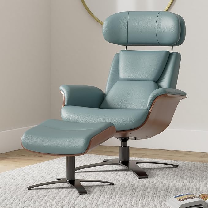 CHITA Genuine Leather Reclining Swivel Chair with Adjustable Headrest and Ottoman for Living Room, Teal-DeskLoop Office