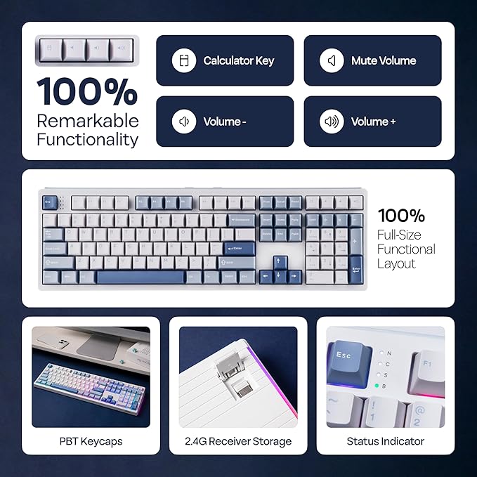 EPOMAKER TH108 Full Size Mechanical Keyboard, Wireless Gaming Keyboard, 8000mAh Battery, Creamy Gasket, 108 Keys, Hot Swap, Custom Driver, RGB Backlights (Blue&White, Creamy Jade Switch)-DeskLoop Office
