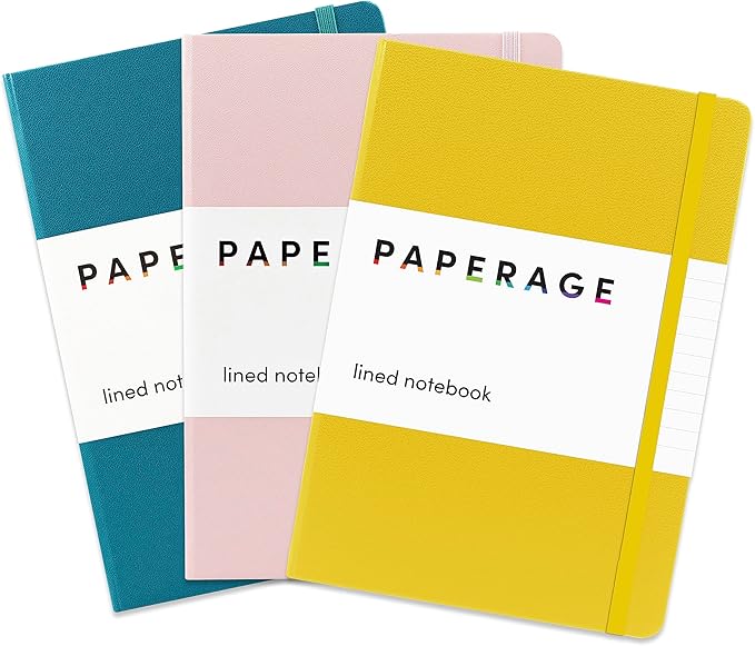PAPERAGE Lined Journal Notebooks, 3 Pack, (Yellow, Blush & Turquoise), 160 Pages, Medium 5.6 inches x 8 inches - 100 GSM Thick Paper, Hardcover-DeskLoop Office