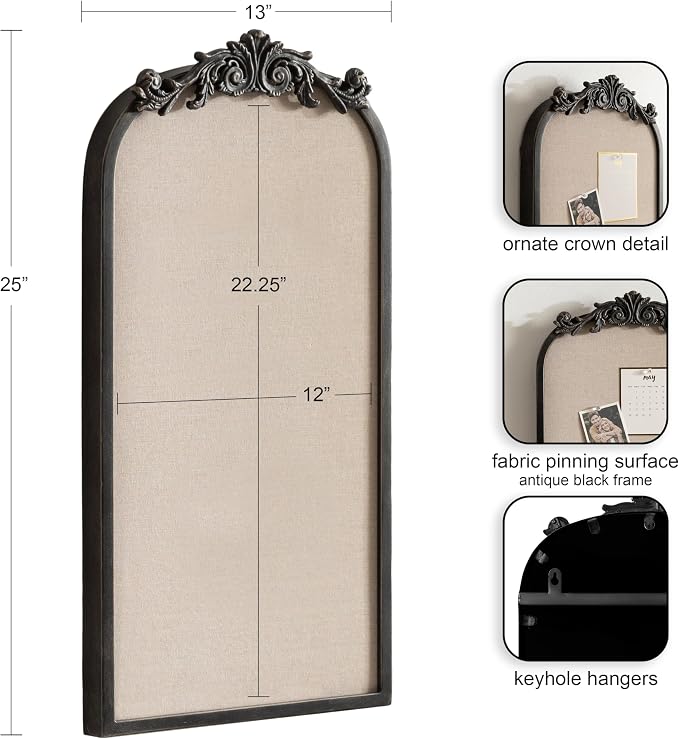 Kate and Laurel Arendahl Arch Pinboard; 13 x 25; Black; Framed Arched Ornate - Image 2
