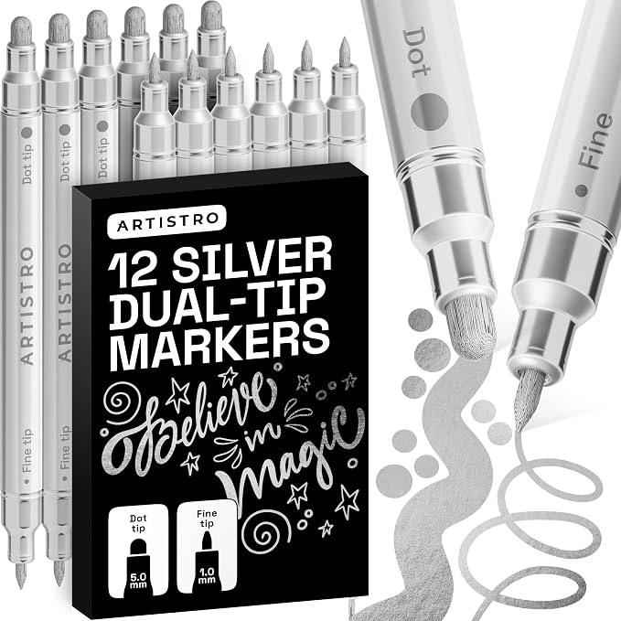 ARTISTRO 12 Silver Dual-Tip Acrylic Paint Markers – Paint Pens Set by ARTISTRO