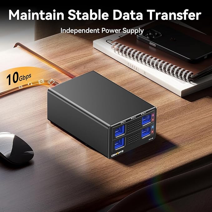 Hybrid 2.5/3.5" SATA HDD/SSD+3* M / B+M Key M.2 NVMe Enclosure with Cooling Fan and USB A/C 3.2 Gen 2 (10Gbps), Hard Drive Enclosure Support 46TB(22TB HDD+3*8TB 2230/2242/2260/2280/22110 SSDs)-DeskLoop Office