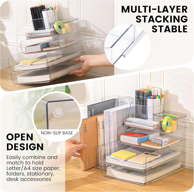 CiWiVOKi Desk Organizer with 2 Vertical File Holder, 4 Tier Stackable Paper - Image 4