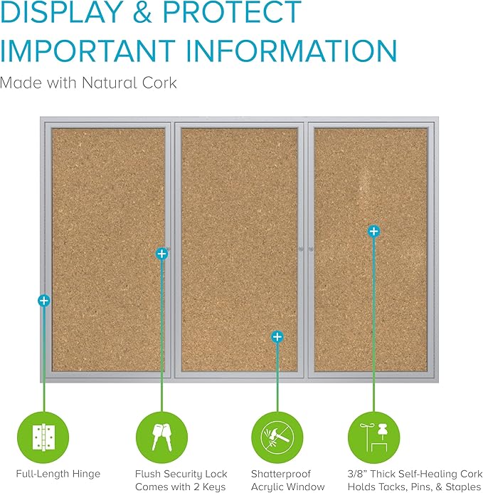 Ghent 36" x 72" 3-Door Indoor Enclosed Bulletin Board with Lock, Cork Material, Shatter Resistant Acrylic Panels, Made in the USA, Satin Aluminum Frame-DeskLoop Office