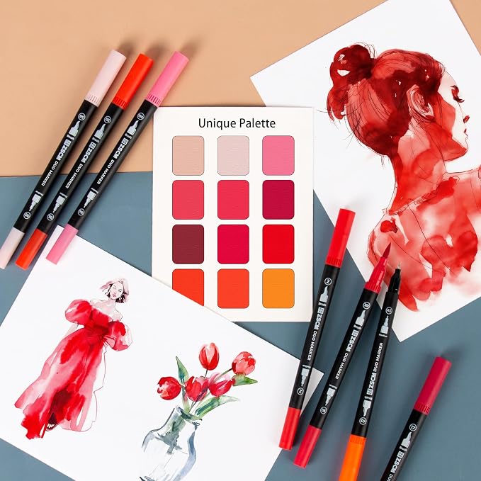 ZSCM Red Duo Tip Marker Pens, 12 Pack Fine & Brush Markers - Image 5