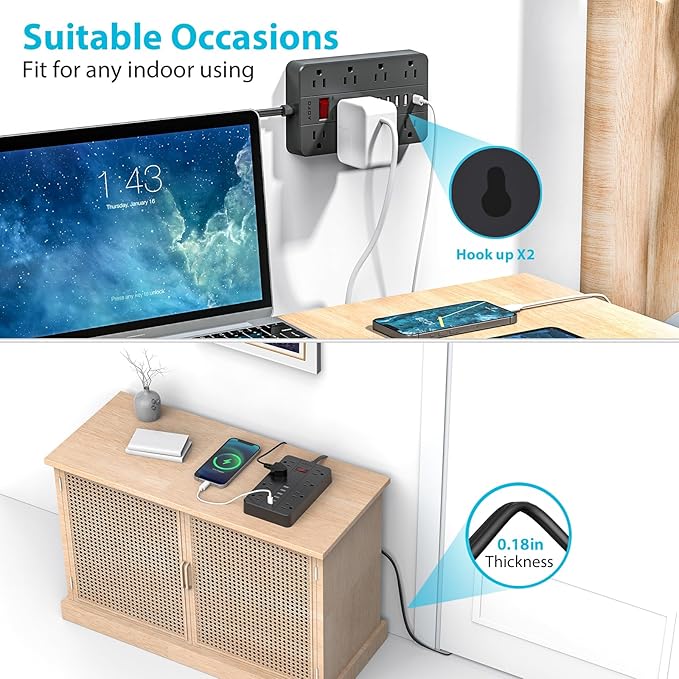 10ft Extension Cord Long Power Strip,AOFO 8 Widely-Spaced Outlets & 6 USB（1 USB C） Ports Flat Plug Power Strip,Power Cord for Wall Mountable and Desktop Black-DeskLoop Office