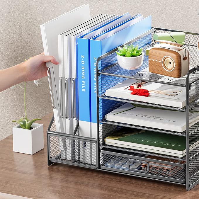 Marbrasse 5-Tier Paper Letter Tray Organizer with Drawer and Pen Holder, Mesh Desktop Organizer and Storage with Magazine Holder for Office Supplies (Grey)-DeskLoop Office