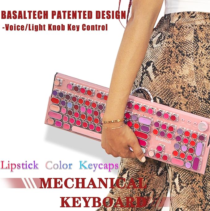 Basaltech Pink Keyboard Typewriter Style with White LED Backlight,Vintage Mechanical Gaming Keyboards with Lipstick Round Keycaps, Blue Switches 104-Keys Wired Keyboard Metal Panel for Laptop/pc-DeskLoop Office