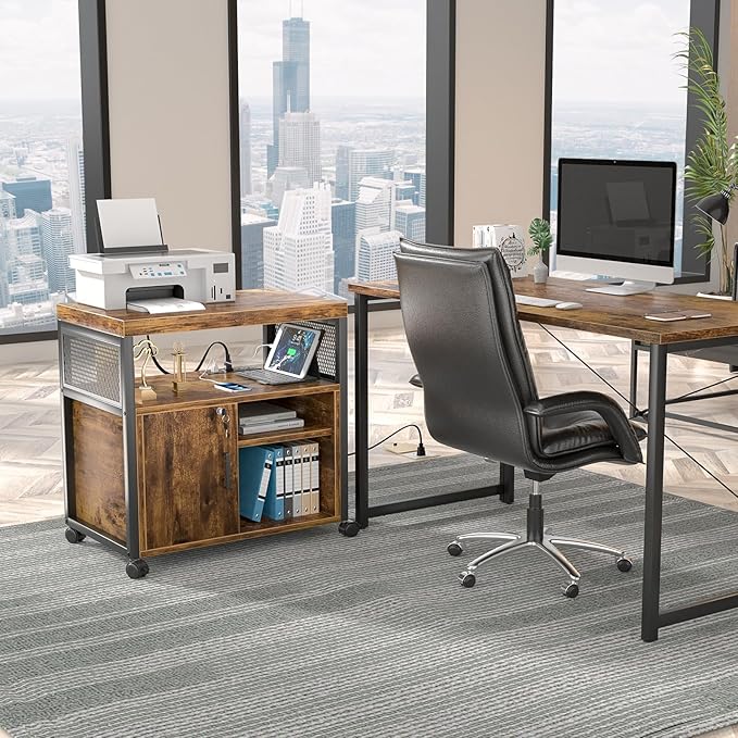 Unikito Lateral File Cabinet, Locking Office Filing Cabinets with Socket and USB Charging Port, Modern Rolling Printer Stand with Storage for A4, Letter Size and File Folders, Rustic Brown-DeskLoop Office