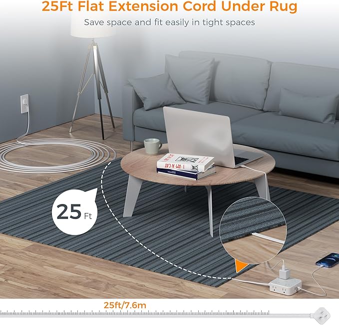 Flat Plug Long Extension Cord 25 Ft, TESSAN Power Strip Surge Protector with 8 Outlets 3 USB Ports (1 USB C), 900J Protection Desktop Charging Station for Home, Office, Dorm Room Essentials-DeskLoop Office