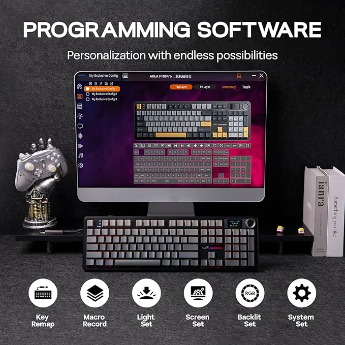 EPOMAKER X Aula F108 PRO Wireless Gaming Keyboard with Screen, 8000mAh Battery, 104 Hot-Swappable and Programmable Keys and Knob, RGB Backlight, for Mac/PC/Android (Black Gradient)-DeskLoop Office
