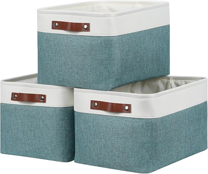 DULLEMELO Storage Baskets for Organizing,Rectangular Fabric Storage Bins with Handles for Office,Bedroom(3-Pack -15 inch X 11 inch X 9.5 inch, White&Dark Green)-DeskLoop Office