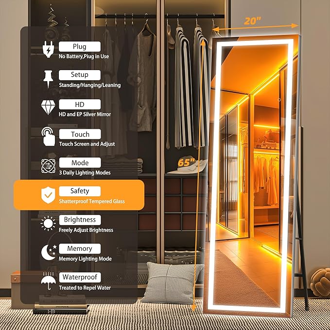 Hasipu Full Length Mirror with Lights, 65" x 20" LED Floor Mirror, Full Body Dressing Standing, Hanging Mounted Mirror for Living Room Bedroom Cloakroom, Square Black-DeskLoop Office