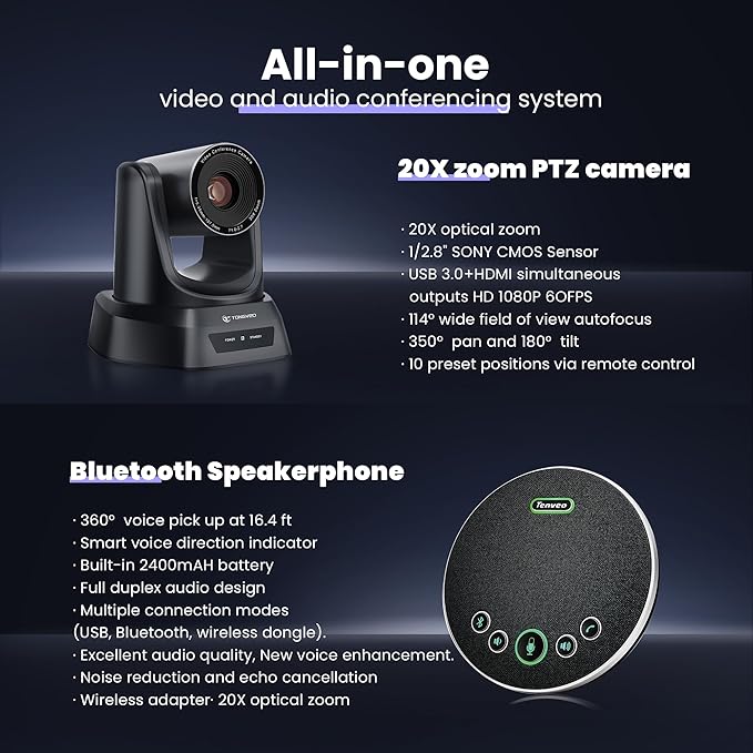 HDMI 20X Optical Zoom PTZ Conference Room Camera System, 1080P 60fps USB3.0 Computer Camera with Microphone & Bluetooth Speakerphone, Easy Setup for Church & Meetings-DeskLoop Office