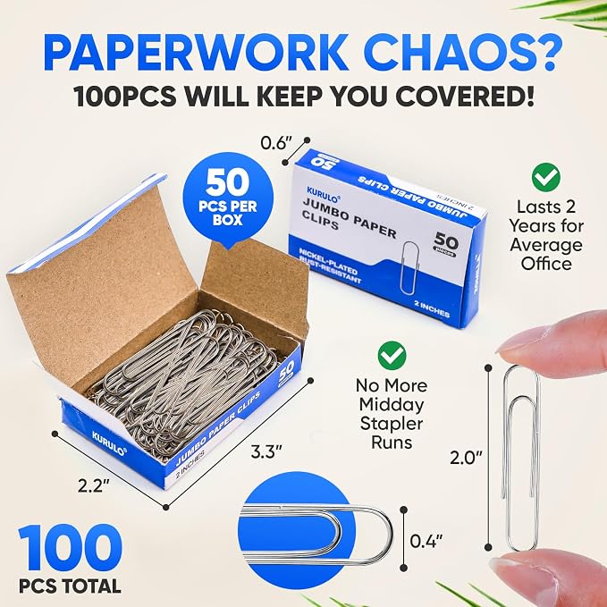 Large Paper Clips, KURULO 100pcs 2 Inches Paper Clips Large Silver, Smooth - Image 3