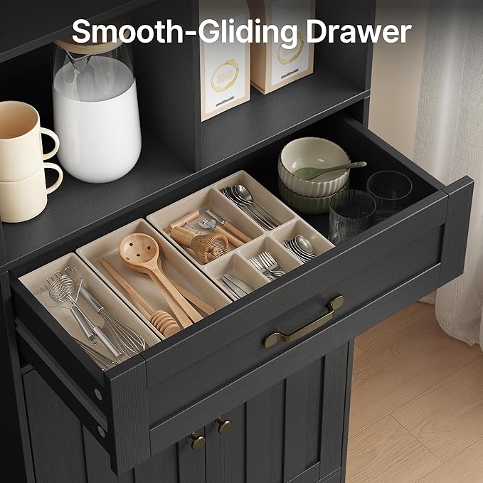 Gizoon 71'' Tall Storage Cabinet, Kitchen Pantry Cabinet with Doors & Drawers, Wooden Storage Organizer for Living Room, Office, Kitchen, with Adjustable Shelves, Anti-tip, Metal Handle, Black-DeskLoop Office